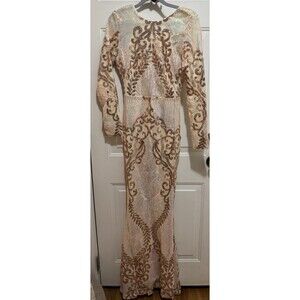 Nwt Womens Miss Ord L/S Cream Copper Sequin Full Mermaid Dress Formal Med